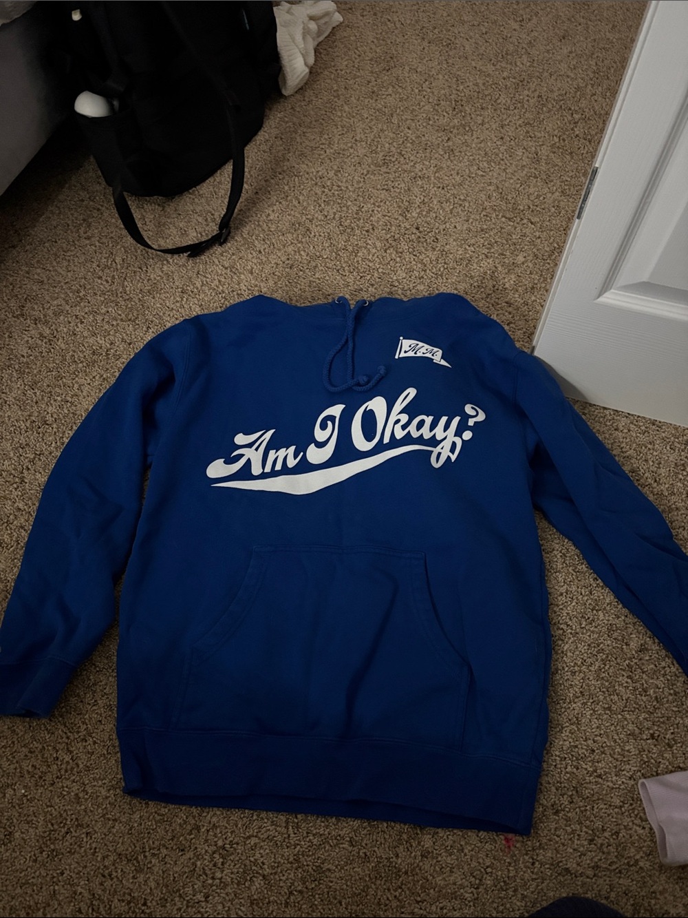 Blue Graphic Pullover Hoodie with 'Am I Okay?' Script